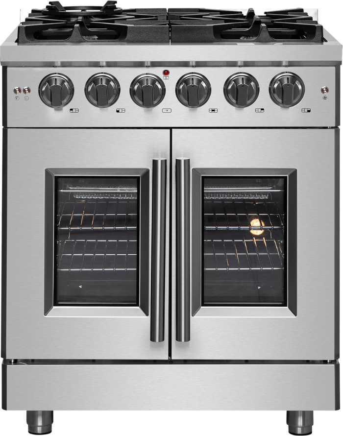 Forno 30" Massimo, Freestanding French Door Dual Fuel Range with 5 Sealed Burners, 4.32 cu. ft. Oven Capacity, Continuous Grates, Steam Clean, and Convection Oven - FFSGS6325-30