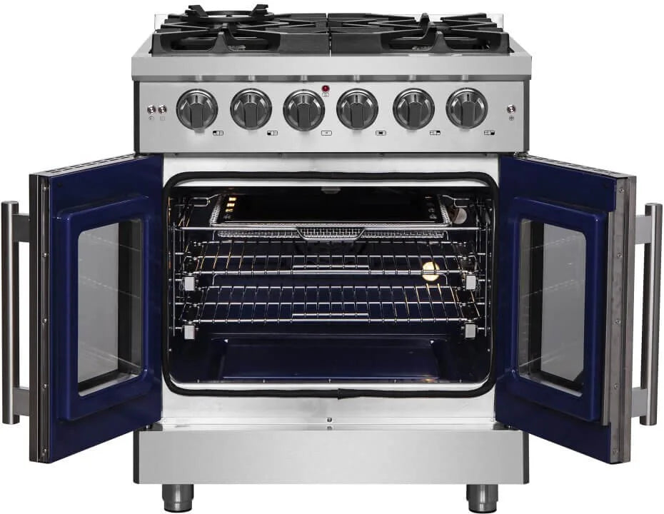 Forno 30" Massimo, Freestanding French Door Dual Fuel Range with 5 Sealed Burners, 4.32 cu. ft. Oven Capacity, Continuous Grates, Steam Clean, and Convection Oven - FFSGS6325-30