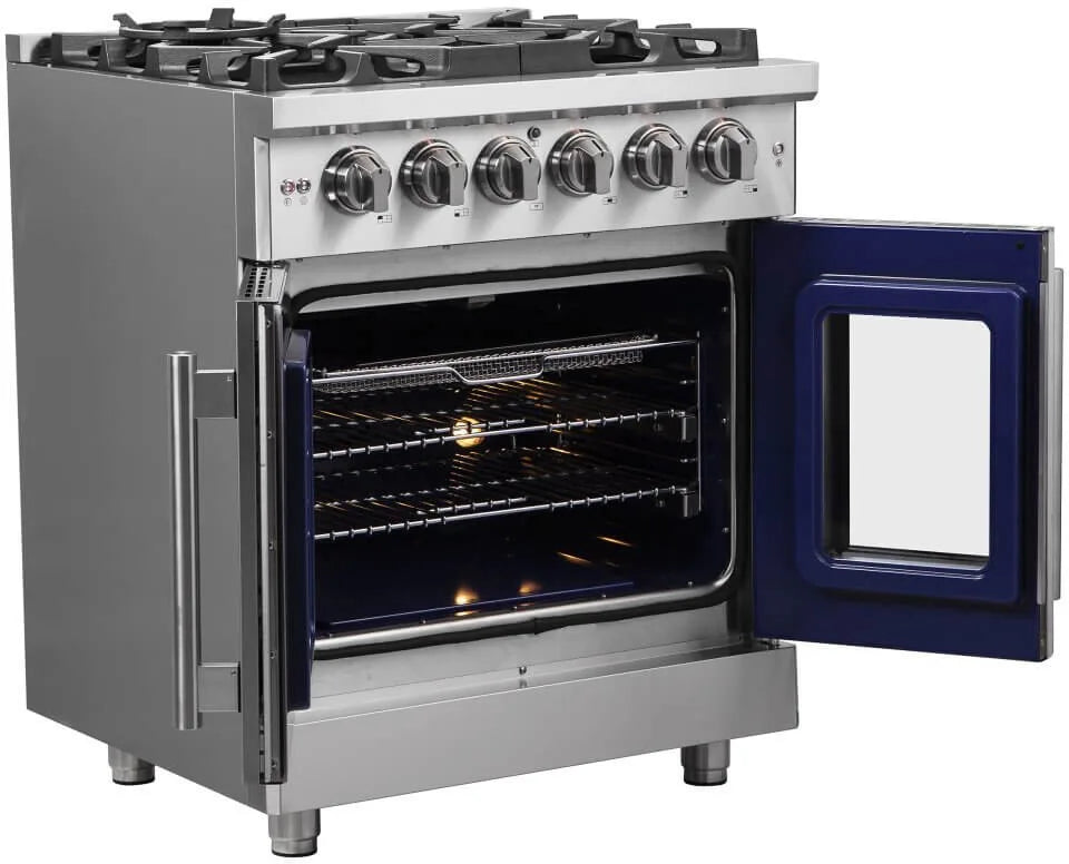 Forno 30" Massimo, Freestanding French Door Dual Fuel Range with 5 Sealed Burners, 4.32 cu. ft. Oven Capacity, Continuous Grates, Steam Clean, and Convection Oven - FFSGS6325-30