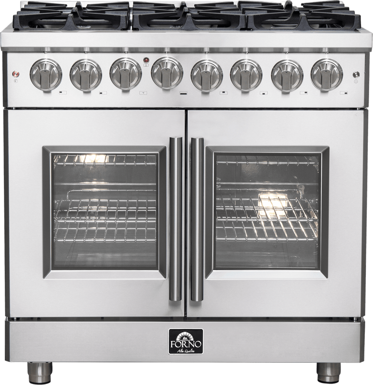 Forno Massimo 36"  Freestanding French Door Dual Fuel Range with 6 Sealed Burners, 5.36 cu. ft. Oven Capacity, Continuous Grates, Air Fry and Convection Oven - FFSGS632536