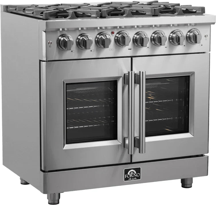 Forno Massimo 36"  Freestanding French Door Dual Fuel Range with 6 Sealed Burners, 5.36 cu. ft. Oven Capacity, Continuous Grates, Air Fry and Convection Oven - FFSGS632536