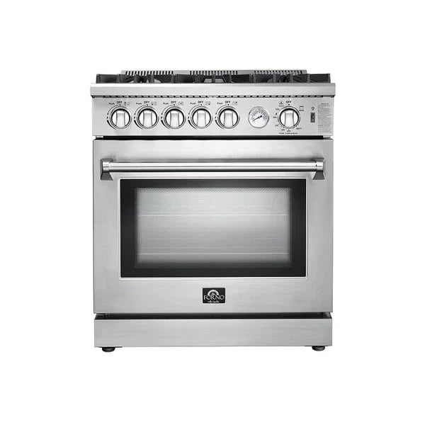 Forno 3-Piece Appliance Package - 30" Gas Range, Pro-Style Refrigerator, and Dishwasher in Stainless Steel