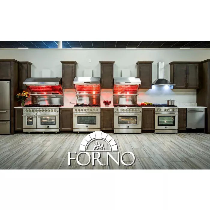 Forno 3-Piece Appliance Package - 36" Dual Fuel Range, French Door Refrigerator, and Dishwasher in Stainless Steel