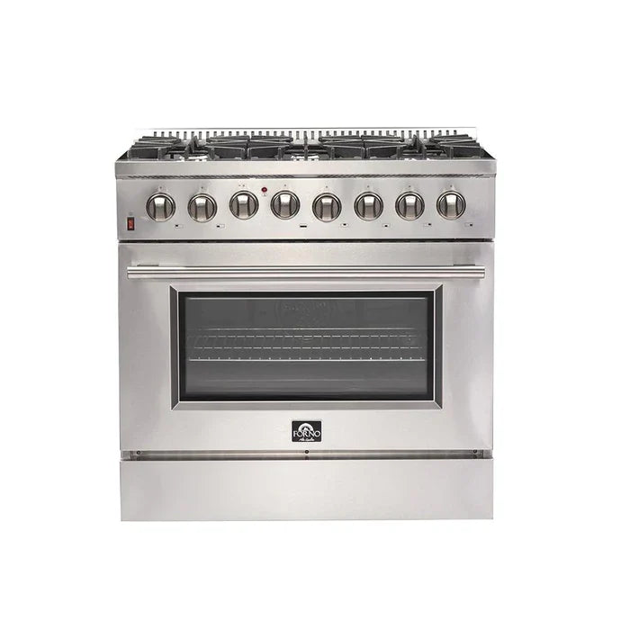 Forno 3-Piece Appliance Package - 36" Dual Fuel Range, French Door Refrigerator, and Dishwasher in Stainless Steel