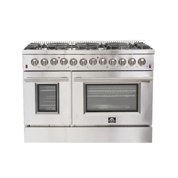 Forno 3-Piece Appliance Package - 48" Dual Fuel Range, Pro-Style Refrigerator, and Dishwasher in Stainless Steel