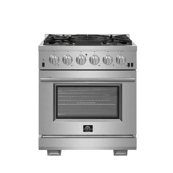 Forno 3-Piece Pro Appliance Package - 30" Gas Range, Pro-Style Refrigerator, and Dishwasher in Stainless Steel