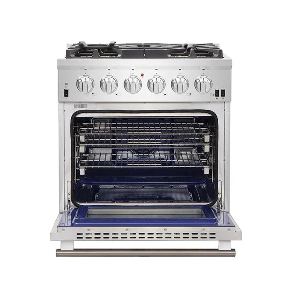 Forno 3-Piece Pro Appliance Package - 30" Gas Range, Pro-Style Refrigerator, and Dishwasher in Stainless Steel