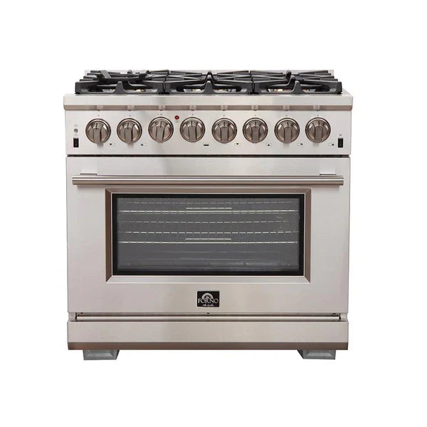 Forno 3-Piece Pro Appliance Package - 36" Dual Fuel Range, French Door Refrigerator, and Dishwasher in Stainless Steel