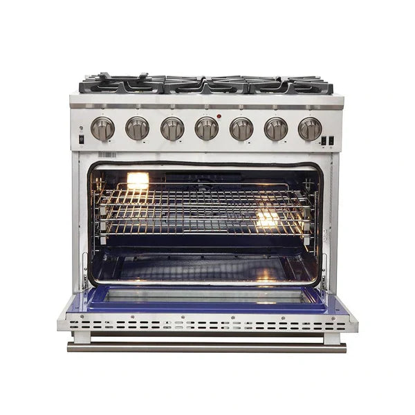 Forno 3-Piece Pro Appliance Package - 36" Gas Range, Pro-Style Refrigerator, and Dishwasher in Stainless Steel