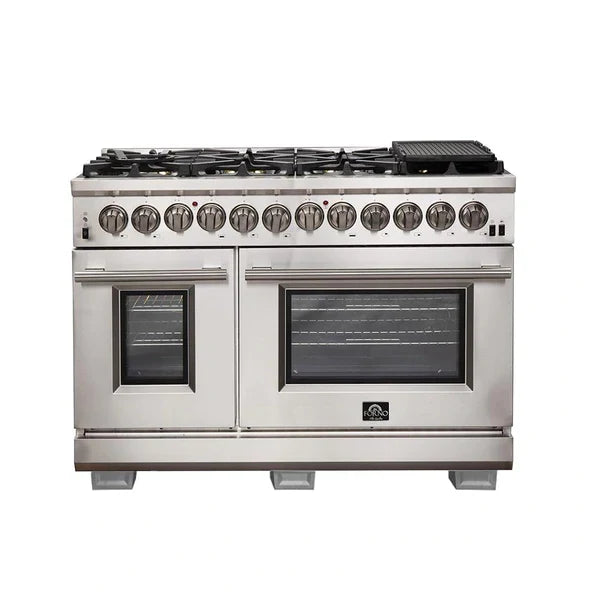 Forno 3-Piece Pro Appliance Package - 48" Dual Fuel Range, French Door Refrigerator, and Dishwasher in Stainless Steel