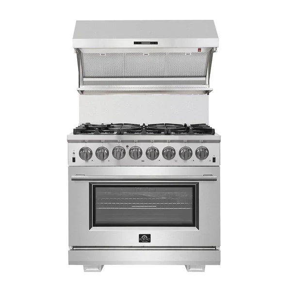 Forno 4-Piece Pro Appliance Package - 36" Dual Fuel Range, French Door Refrigerator, Wall Mount Hood with Backsplash, and Dishwasher in Stainless Steel