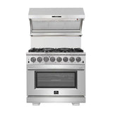 Forno 4-Piece Pro Appliance Package - 36" Dual Fuel Range, French Door Refrigerator, Wall Mount Hood with Backsplash, and Dishwasher in Stainless Steel